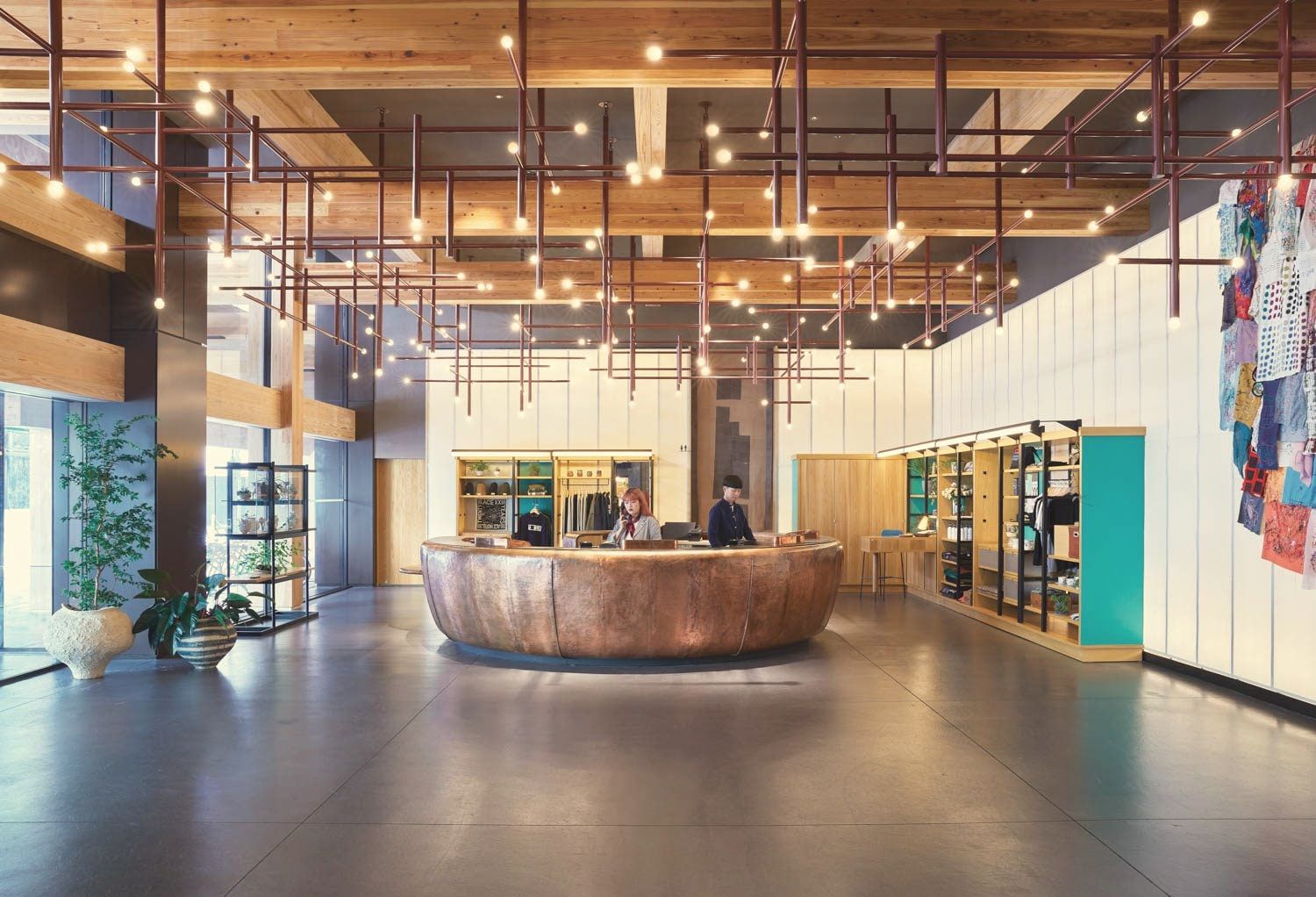 A warm, wood-beamed reception lobby